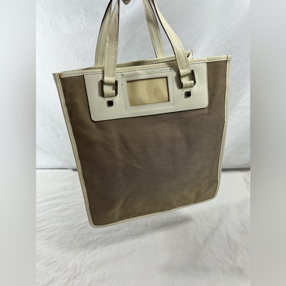 Vintage Gucci beige ivory canvas and leather tote bag hand held - Picture 8 of 16